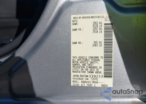 2022 Nissan Altima Sv Fwd from USA, damaged, VIN 1N4BL4DV5NN339253